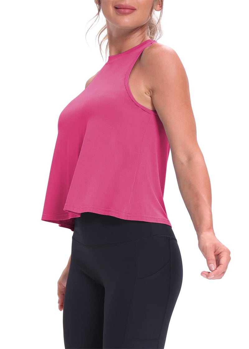 Mippo Workout Tops for Women High Neck Tank Cropped Workout Top Womens Muscle Tank Athletic T Shirts Crop Tees Fuchsia S - Image 4